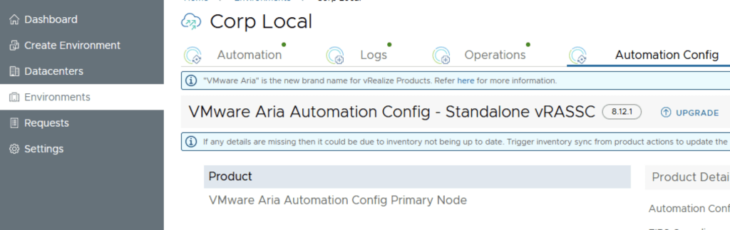 The image shows a VMware Aria Automation Config screen with an upgrade option for Standalone vRASSC 8.12.1.