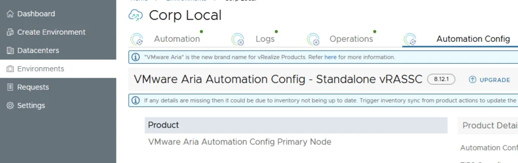 The image shows a VMware Aria Automation Config screen with an upgrade option for Standalone vRASSC 8.12.1.