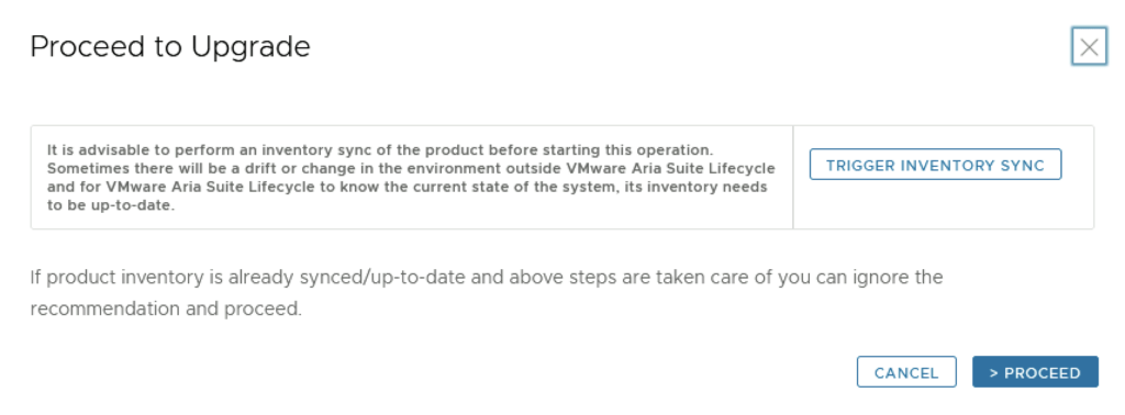 Upgrade step: Sync inventory or proceed.