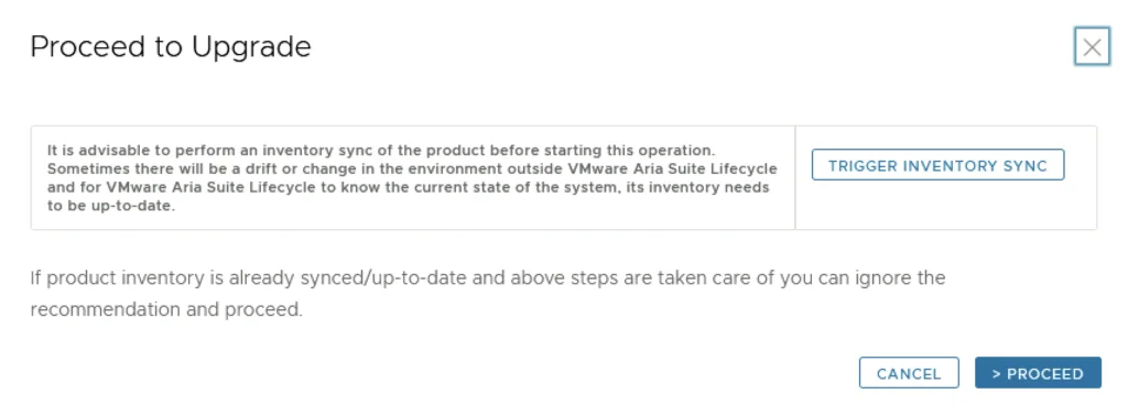 Upgrade step: Sync inventory or proceed.