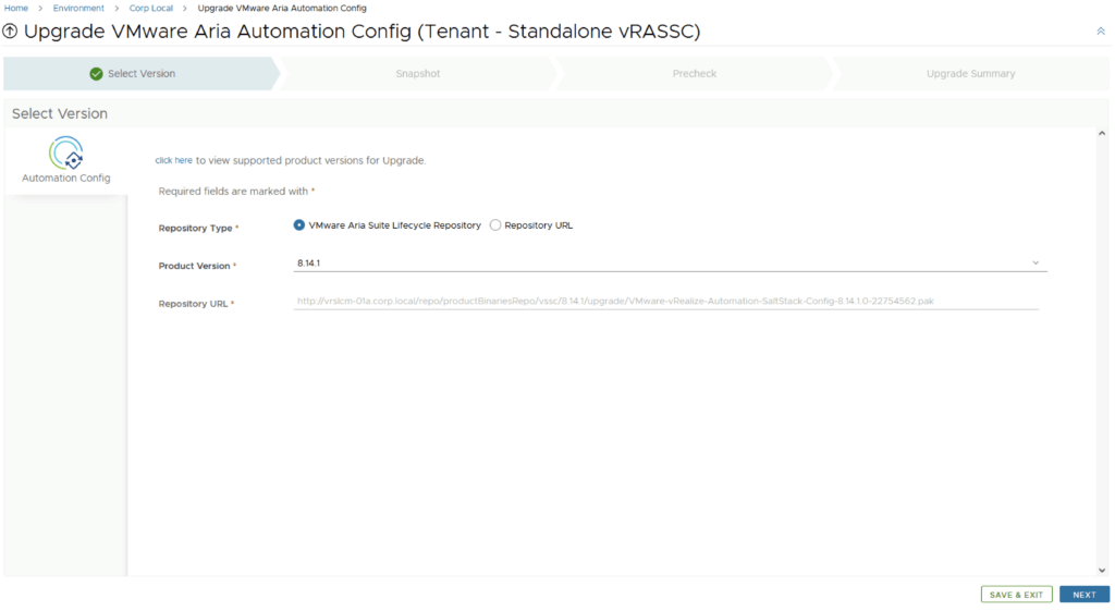 Select VMware Aria Suite Lifecycle Repository, version 8.14.1, then click Next.