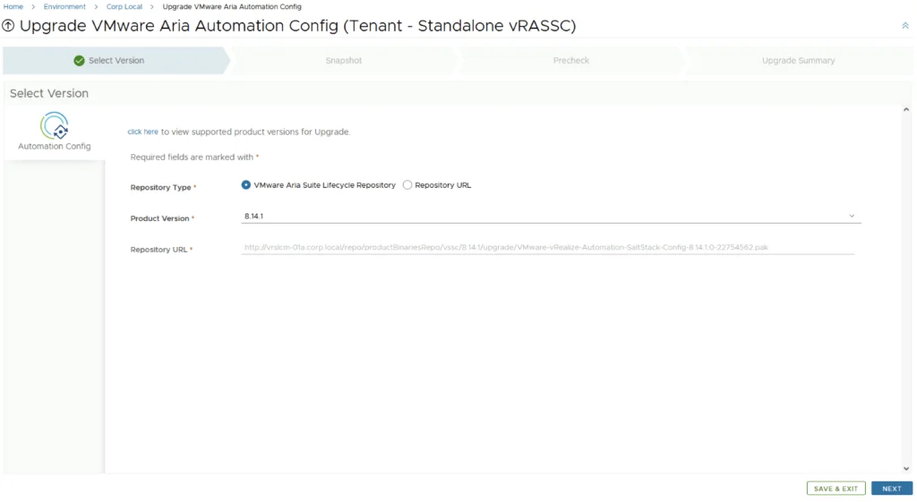 Select VMware Aria Suite Lifecycle Repository, version 8.14.1, then click Next.