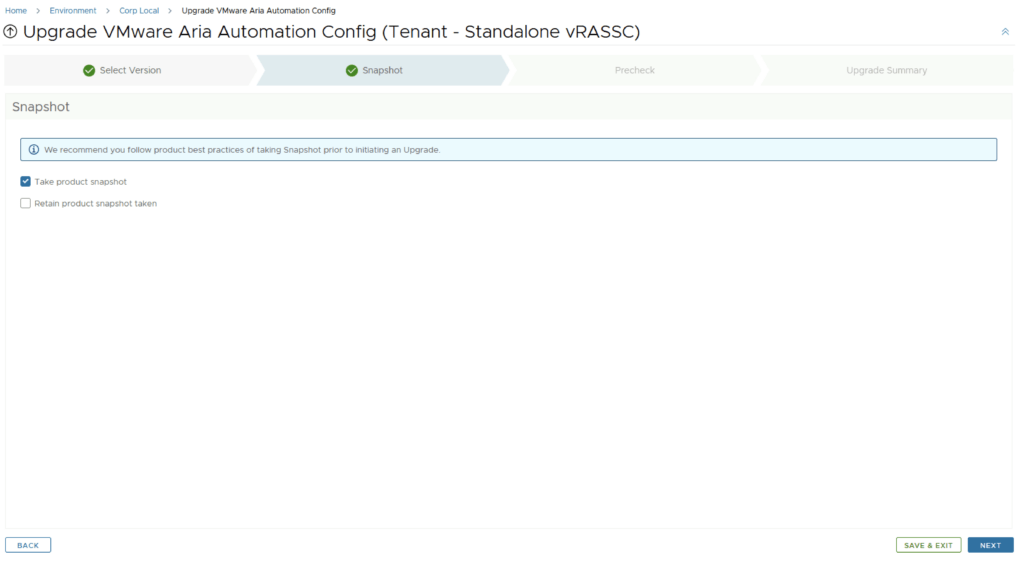 Upgrade VMware Aria Automation Config wizard shows taking a snapshot step.