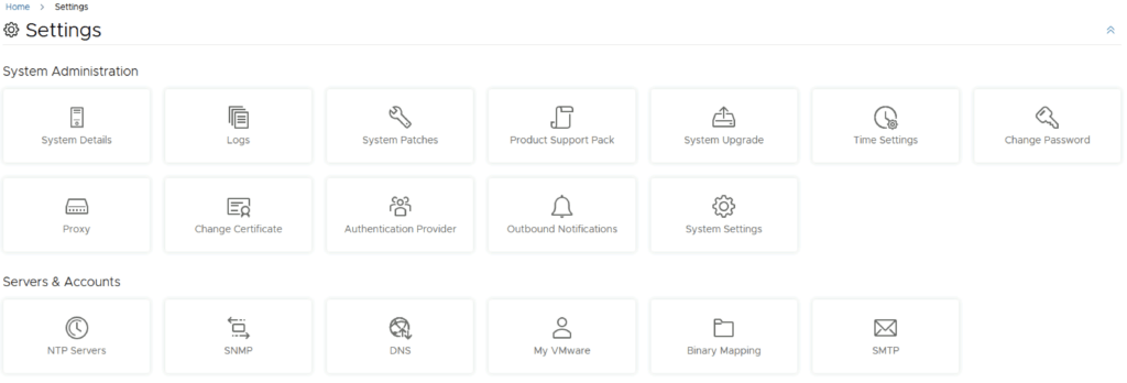 Settings page with various options like System Details, Logs, System Patches, and more.