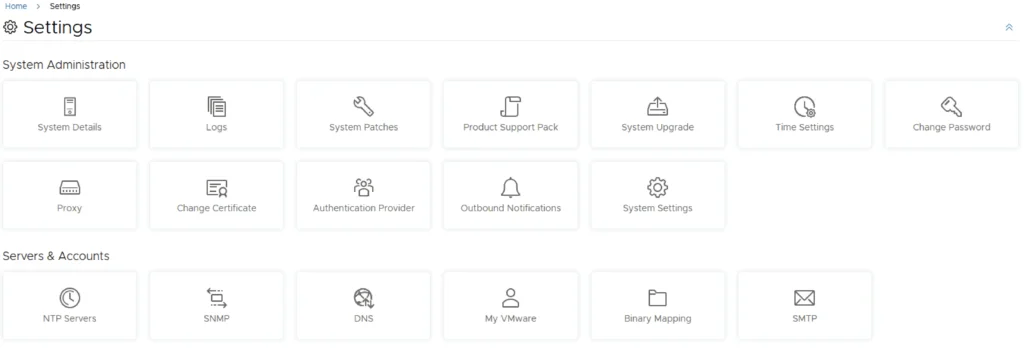 Settings page with various options like System Details, Logs, System Patches, and more.