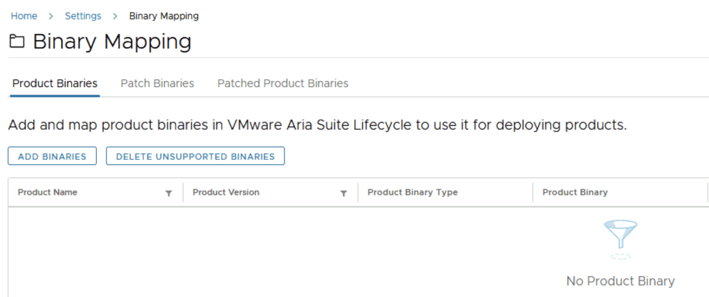 Binary Mapping page in VMware Aria Suite Lifecycle shows Add Binaries button.