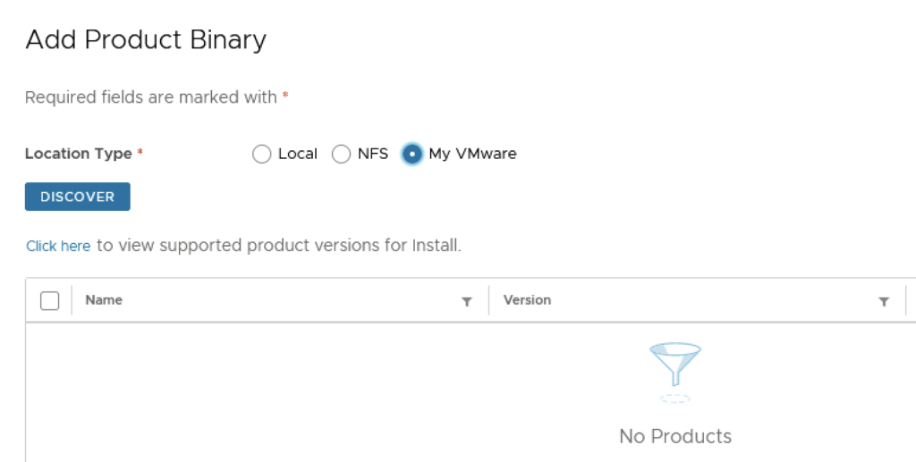 Add Product Binary step shows &ldquo;My VMware&rdquo; selected, &ldquo;Discover&rdquo; button, and no products found.