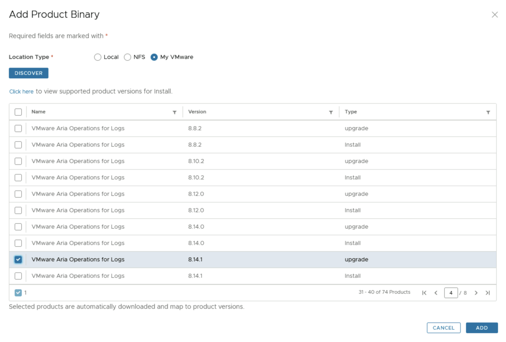 The image shows a list of VMware Aria Operations for Logs binaries, with the 8.14.1 upgrade package selected.
