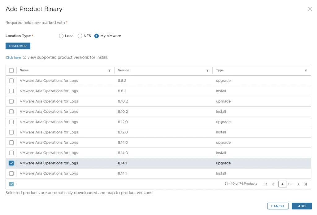 The image shows a list of VMware Aria Operations for Logs binaries, with the 8.14.1 upgrade package selected.
