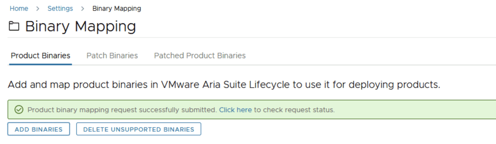 Binary Mapping page shows successful mapping request submission.