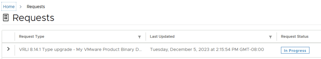 Requests page showing upgrade in progress for Aria Operations for Logs.