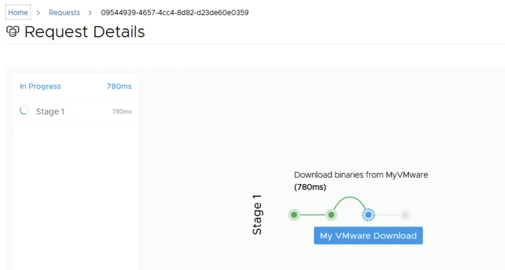 Request in progress, downloading binaries from MyVMware. Stage 1: My VMware Download.