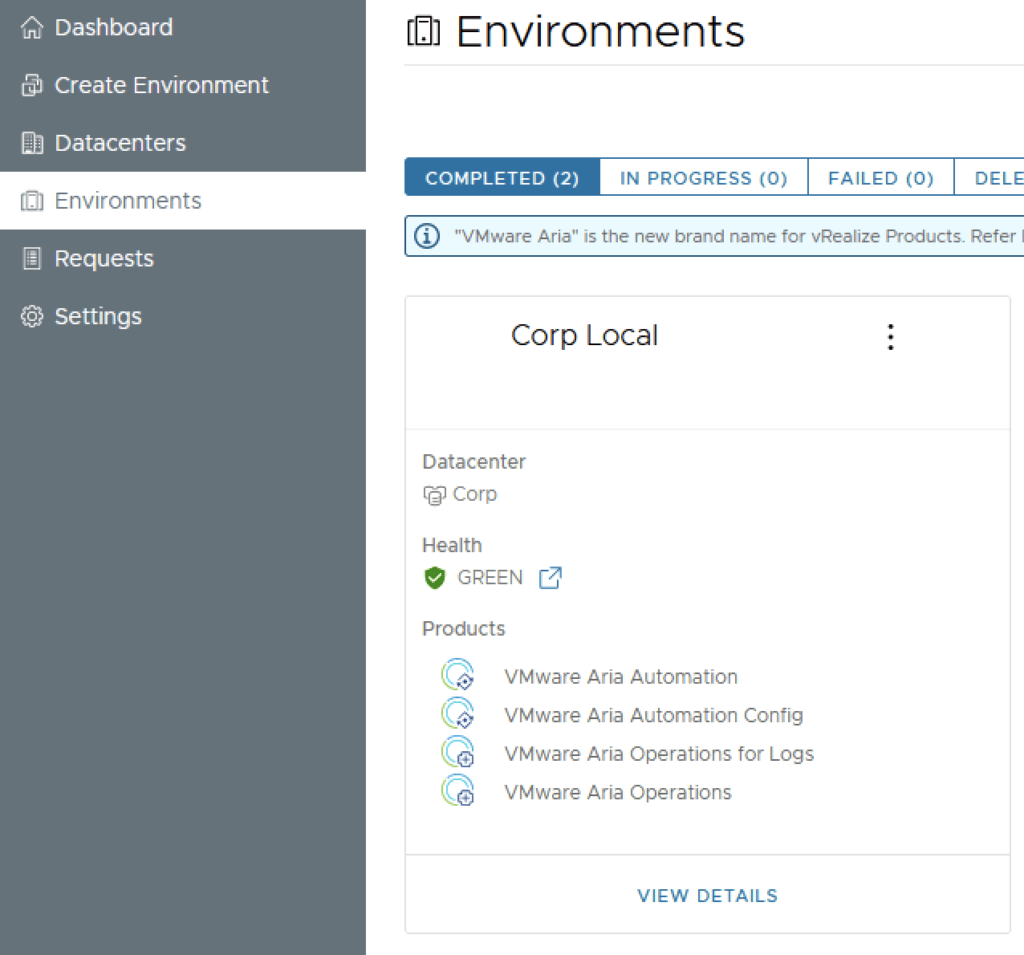 The image shows the &ldquo;Environments&rdquo; section in VMware Aria Suite Lifecycle, highlighting &ldquo;Corp Local&rdquo; with completed status and products listed.