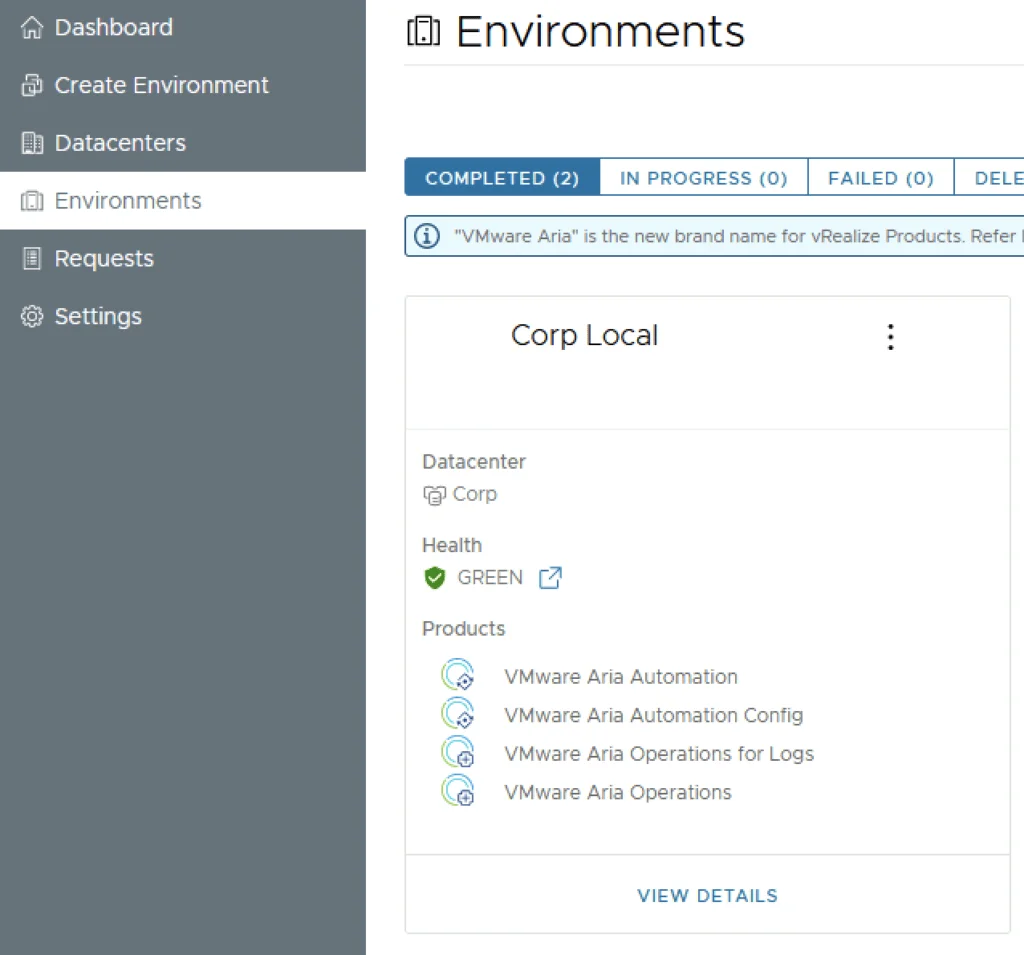 The image shows the “Environments” section in VMware Aria Suite Lifecycle, highlighting “Corp Local” with completed status and products listed.