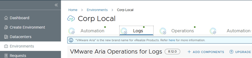 UI shows &ldquo;Corp Local&rdquo; with options for Automation, Logs, Operations, and Automation. Upgrade option available for VMware Aria Operations for Logs 8.12.0.