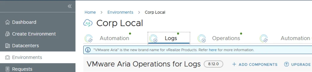 UI shows “Corp Local” with options for Automation, Logs, Operations, and Automation. Upgrade option available for VMware Aria Operations for Logs 8.12.0.