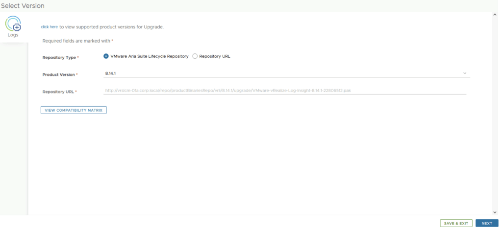 Selecting product version 8.14.1 for VMware Aria Suite Lifecycle upgrade.