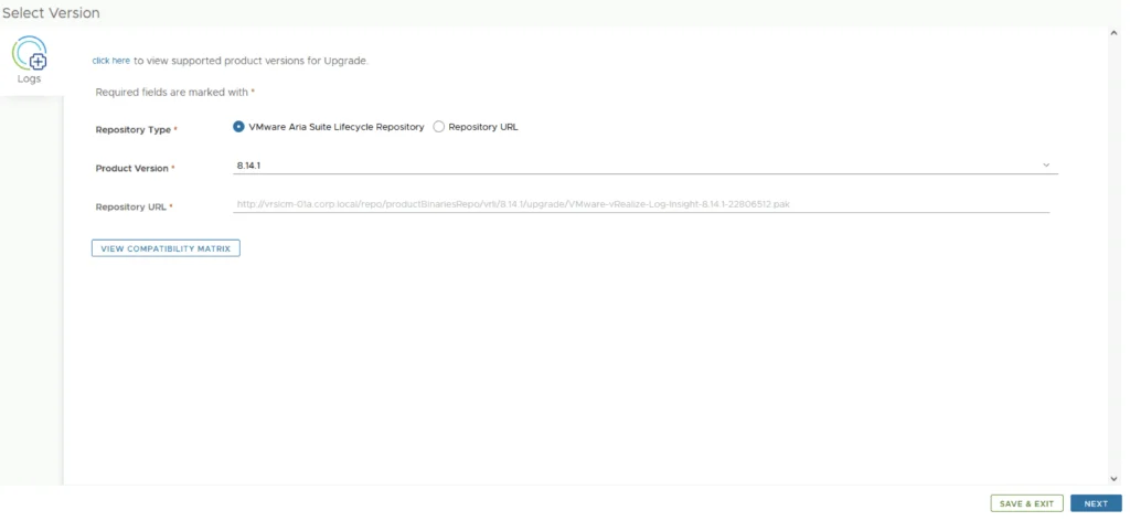 Selecting product version 8.14.1 for VMware Aria Suite Lifecycle upgrade.