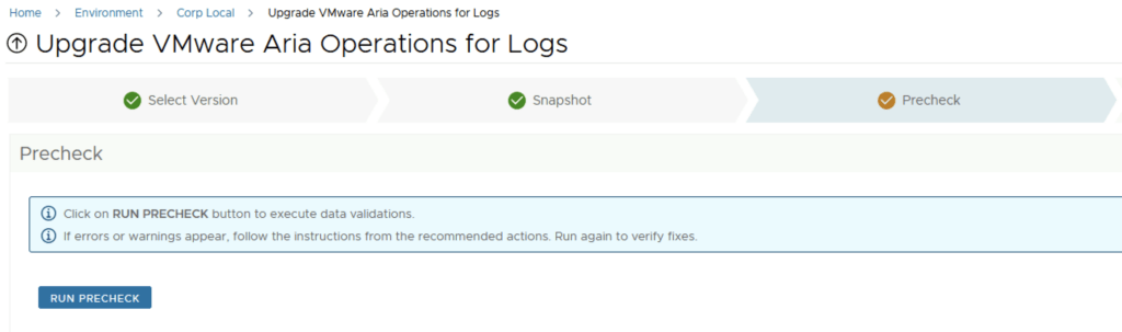 Upgrade VMware Aria Operations for Logs Precheck step shows a button to run precheck for data validation.