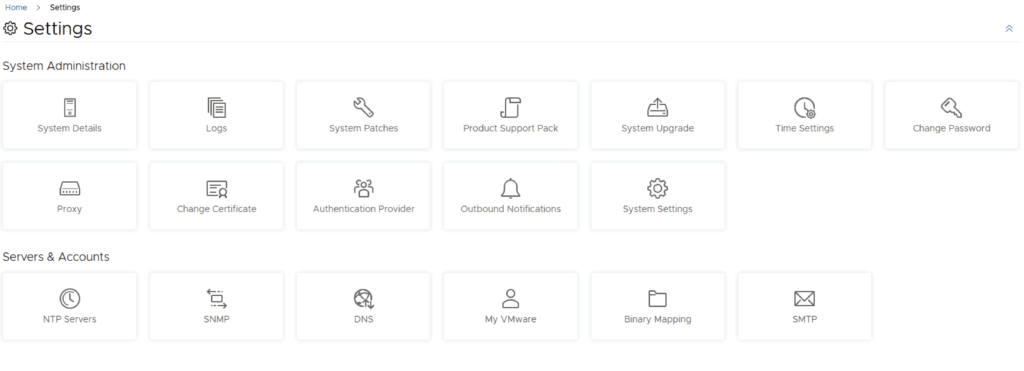 Settings page with options like System Details, Logs, System Patches, and My VMware.