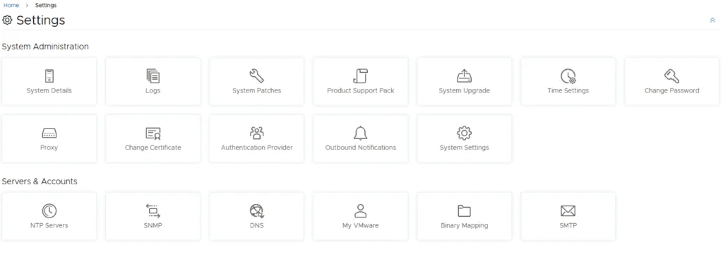 Settings page with options like System Details, Logs, System Patches, and My VMware.
