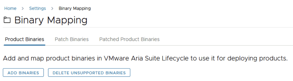 Binary Mapping screen in VMware Aria Suite Lifecycle for adding product binaries.