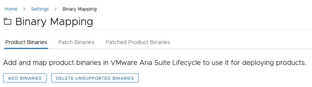 Binary Mapping screen in VMware Aria Suite Lifecycle for adding product binaries.