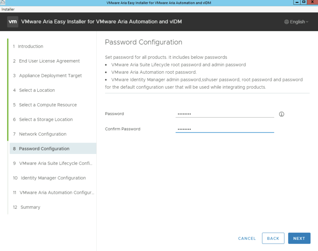 Password configuration step in VMware Aria Easy Installer for Aria Automation.
