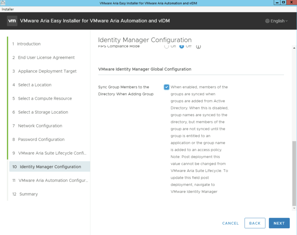 The image shows the Identity Manager Configuration step in the VMware Aria Easy Installer for Aria Automation and vIDM.