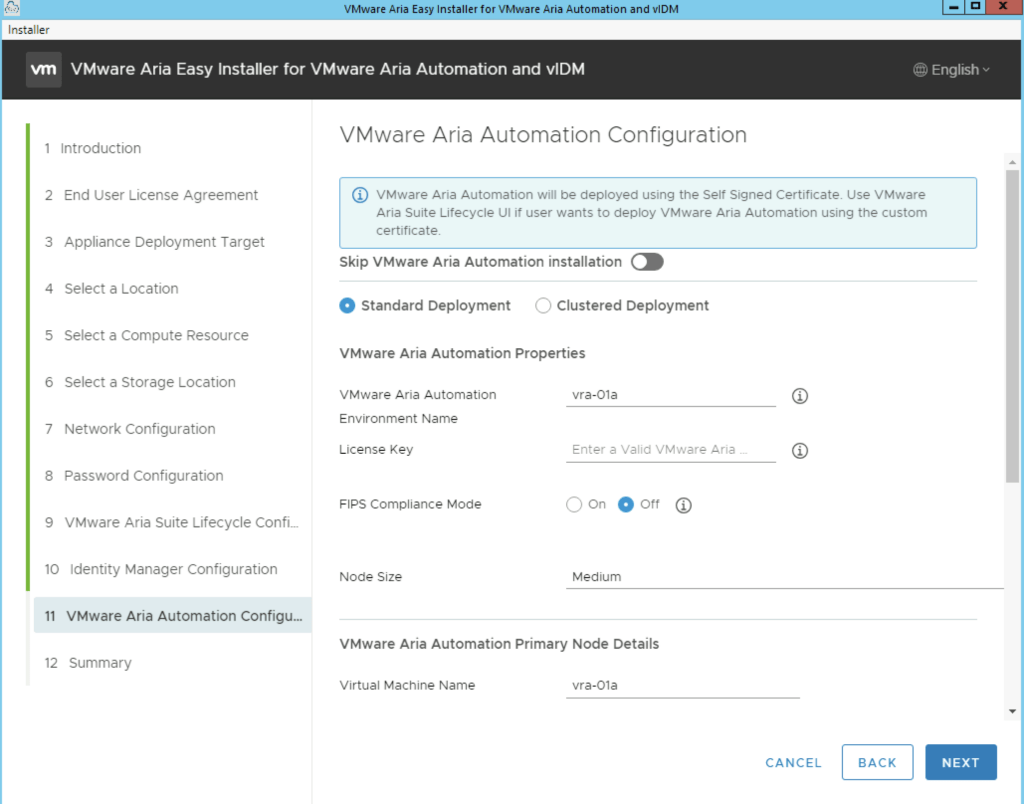 The image shows the VMware Aria Automation Configuration step in the Easy Installer wizard, with options for deployment type, environment name, license key, and FIPS compliance.