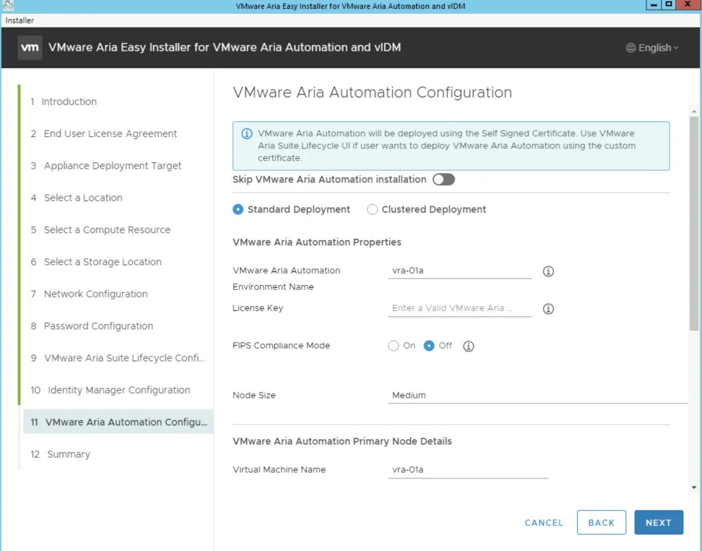 The image shows the VMware Aria Automation Configuration step in the Easy Installer wizard, with options for deployment type, environment name, license key, and FIPS compliance.