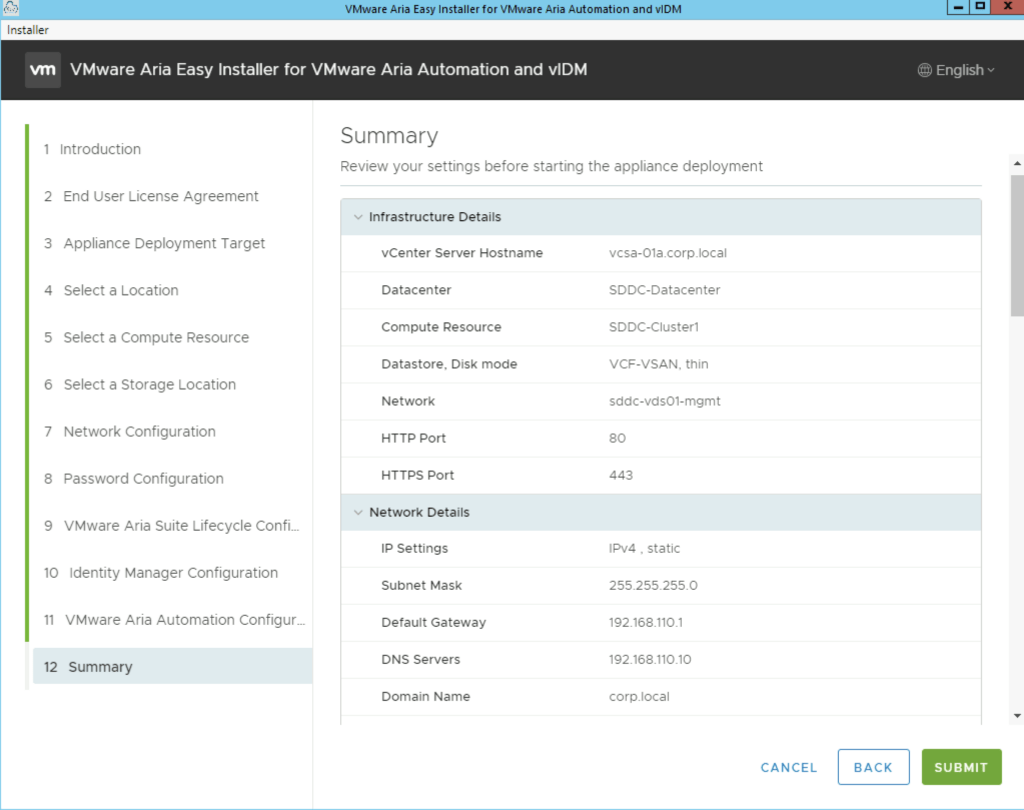 The summary page shows deployment details for VMware Aria Automation 8.16, including vCenter server, datacenter, and network settings.
