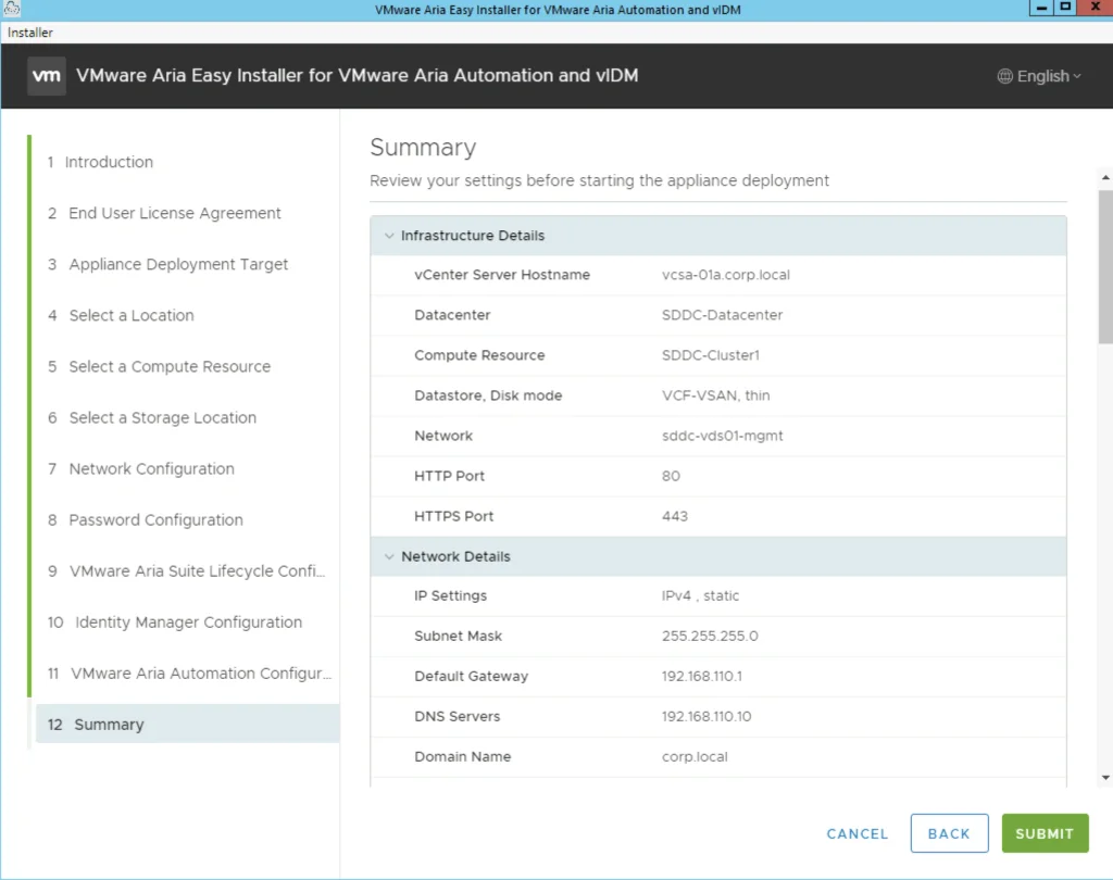 The summary page shows deployment details for VMware Aria Automation 8.16, including vCenter server, datacenter, and network settings.