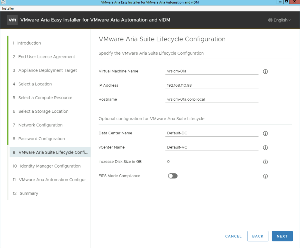 Configure VMware Aria Suite Lifecycle settings, then click Next.