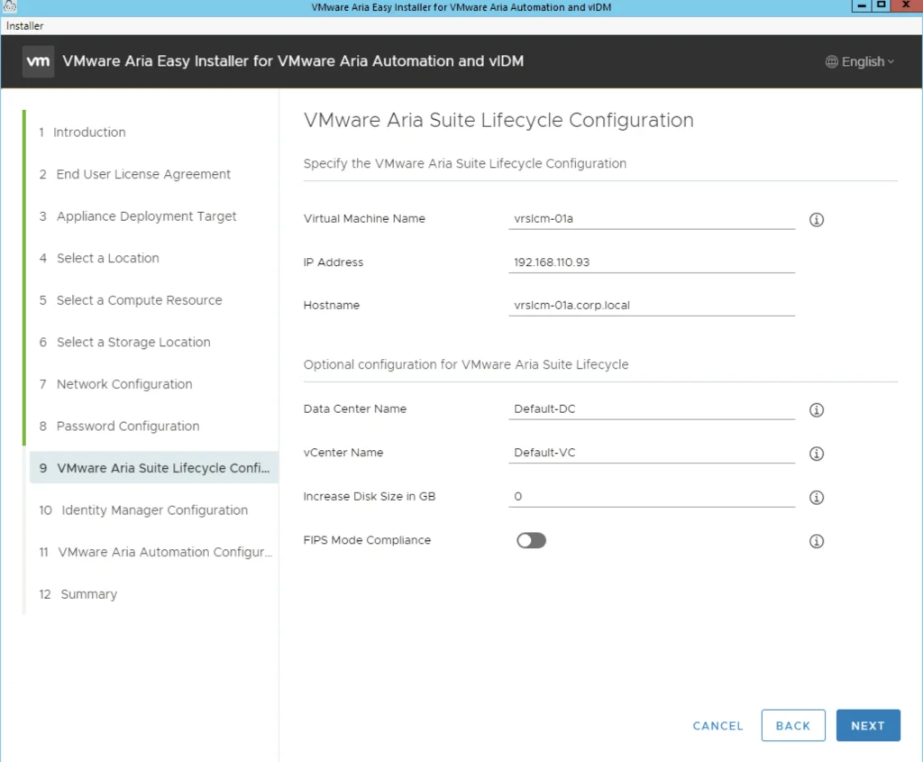 Configure VMware Aria Suite Lifecycle settings, then click Next.