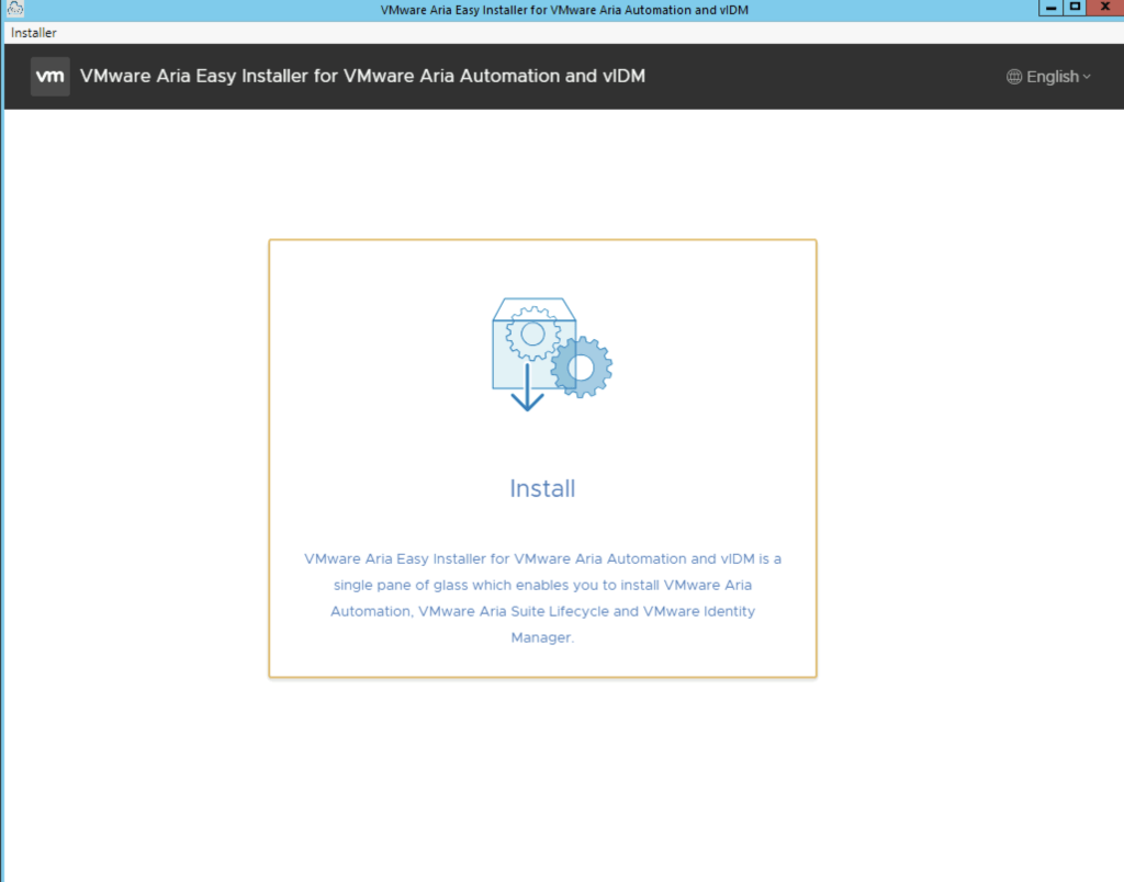 The image shows the VMware Aria Easy Installer for VMware Aria Automation and vIDM, with an &ldquo;Install&rdquo; button and a brief description.