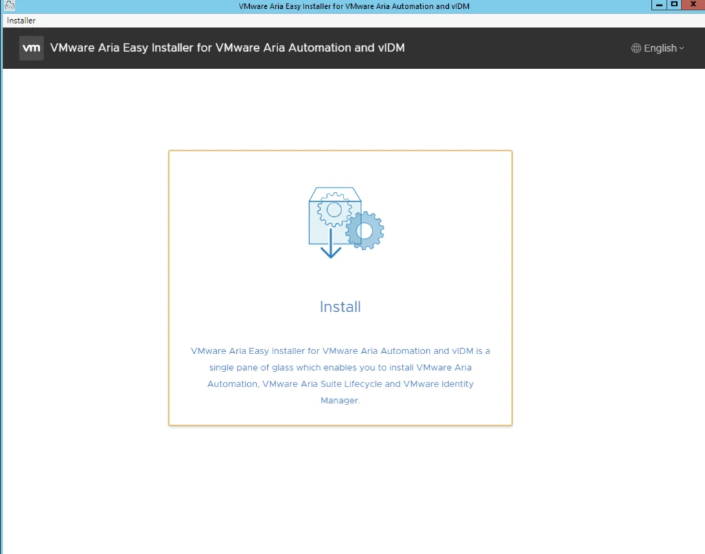 The image shows the VMware Aria Easy Installer for VMware Aria Automation and vIDM, with an “Install” button and a brief description.