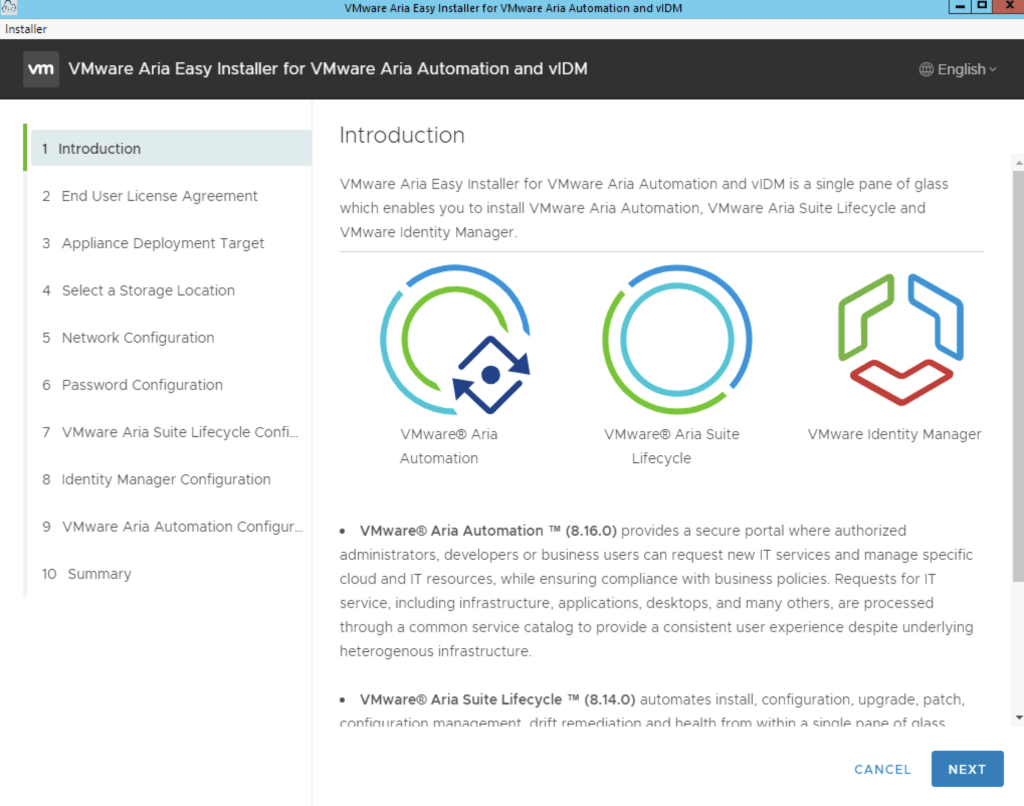 The image shows the Introduction step of the VMware Aria Easy Installer for Aria Automation 8.16 and Suite Lifecycle 8.14.