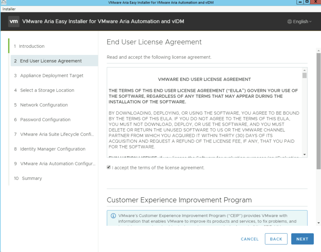 The image shows the &ldquo;End User License Agreement&rdquo; step in the VMware Aria Easy Installer wizard.