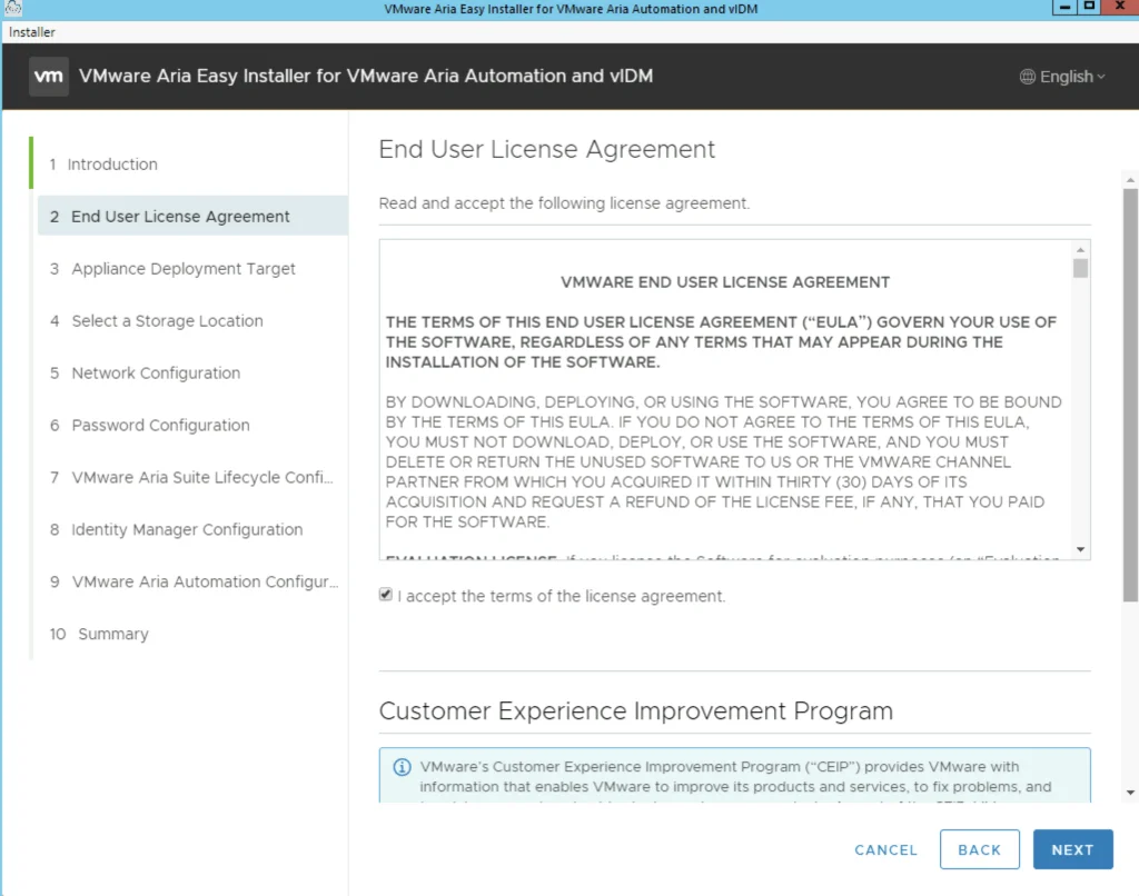 The image shows the “End User License Agreement” step in the VMware Aria Easy Installer wizard.