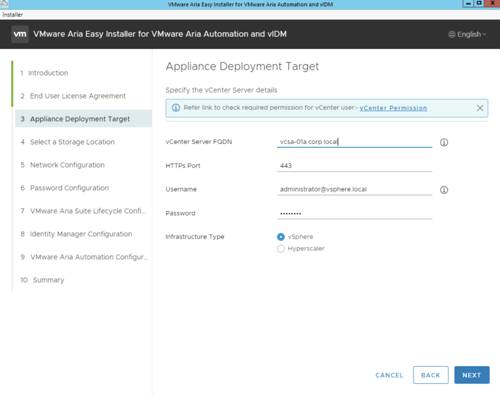 The image shows the &ldquo;Appliance Deployment Target&rdquo; step in the VMware Aria Easy Installer, requiring vCenter details for deployment.