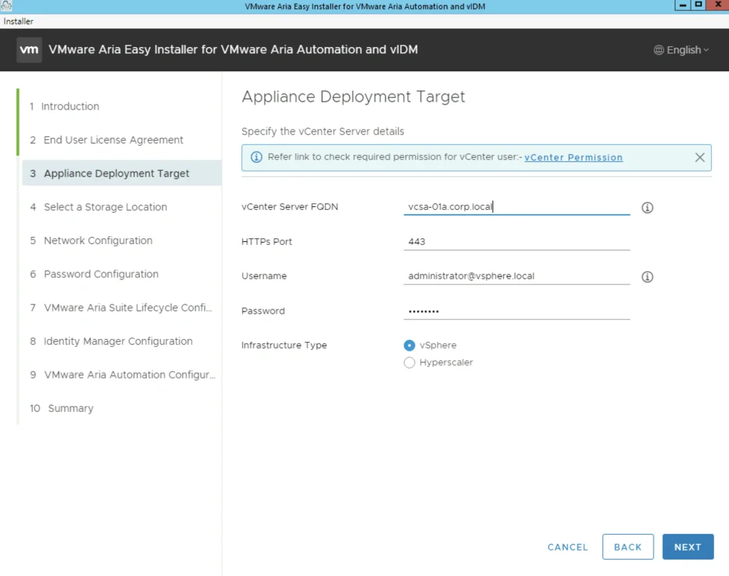 The image shows the “Appliance Deployment Target” step in the VMware Aria Easy Installer, requiring vCenter details for deployment.