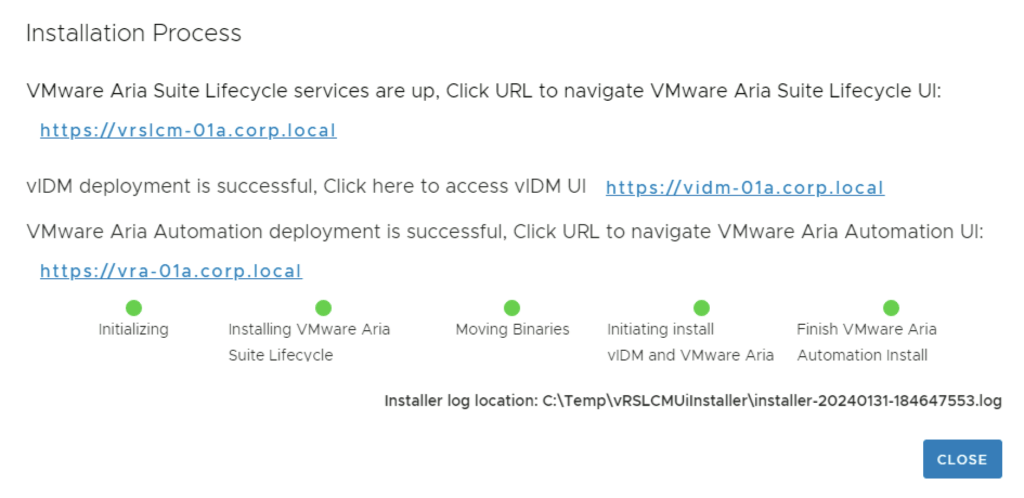 Installation process shows links for VMware Aria Suite Lifecycle, vIDM, and Automation UIs.