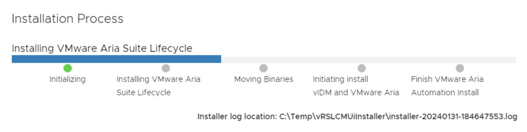 Installing VMware Aria Suite Lifecycle in progress.