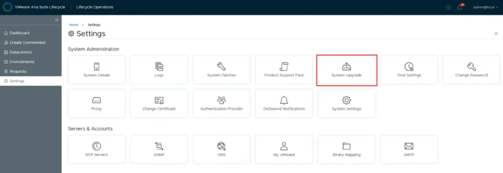 Settings page with System Upgrade button highlighted for VMware Aria Suite Lifecycle Product Support Pack upgrade.