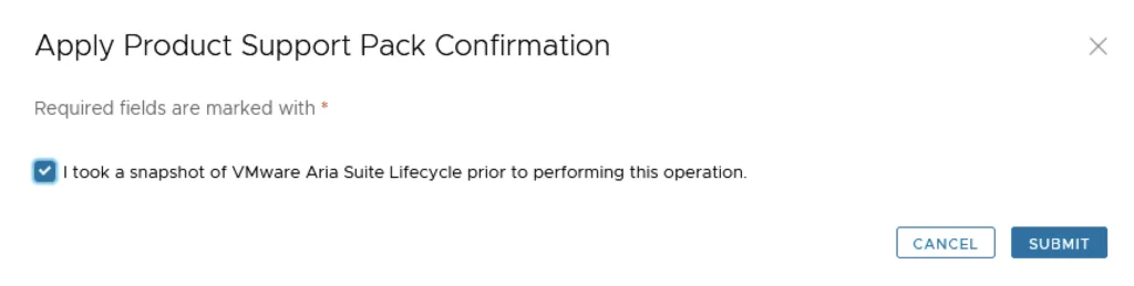 Confirming VMware Aria Suite Lifecycle snapshot before applying PSPAK.