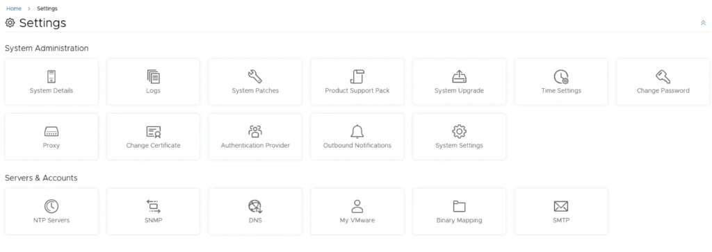 Settings page with options for system administration and servers/accounts.