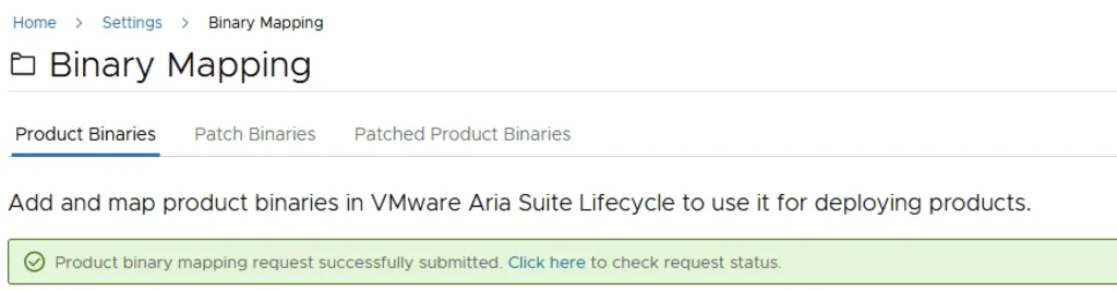 Binary Mapping step confirms successful request submission for VMware Aria Suite Lifecycle.