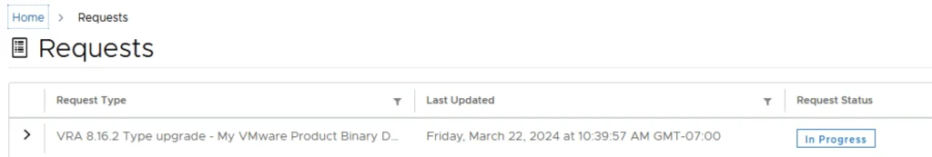 Requests page showing a type upgrade in progress for VMware Aria Automation.