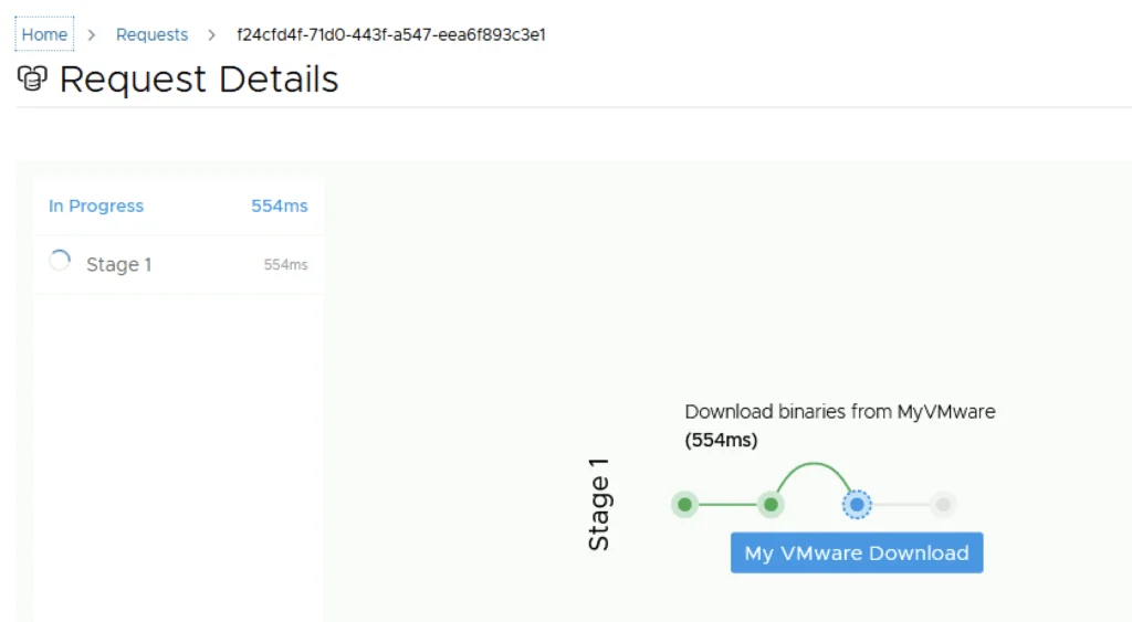 Request for VMware Aria Automation upgrade is in progress, showing Stage 1 download.
